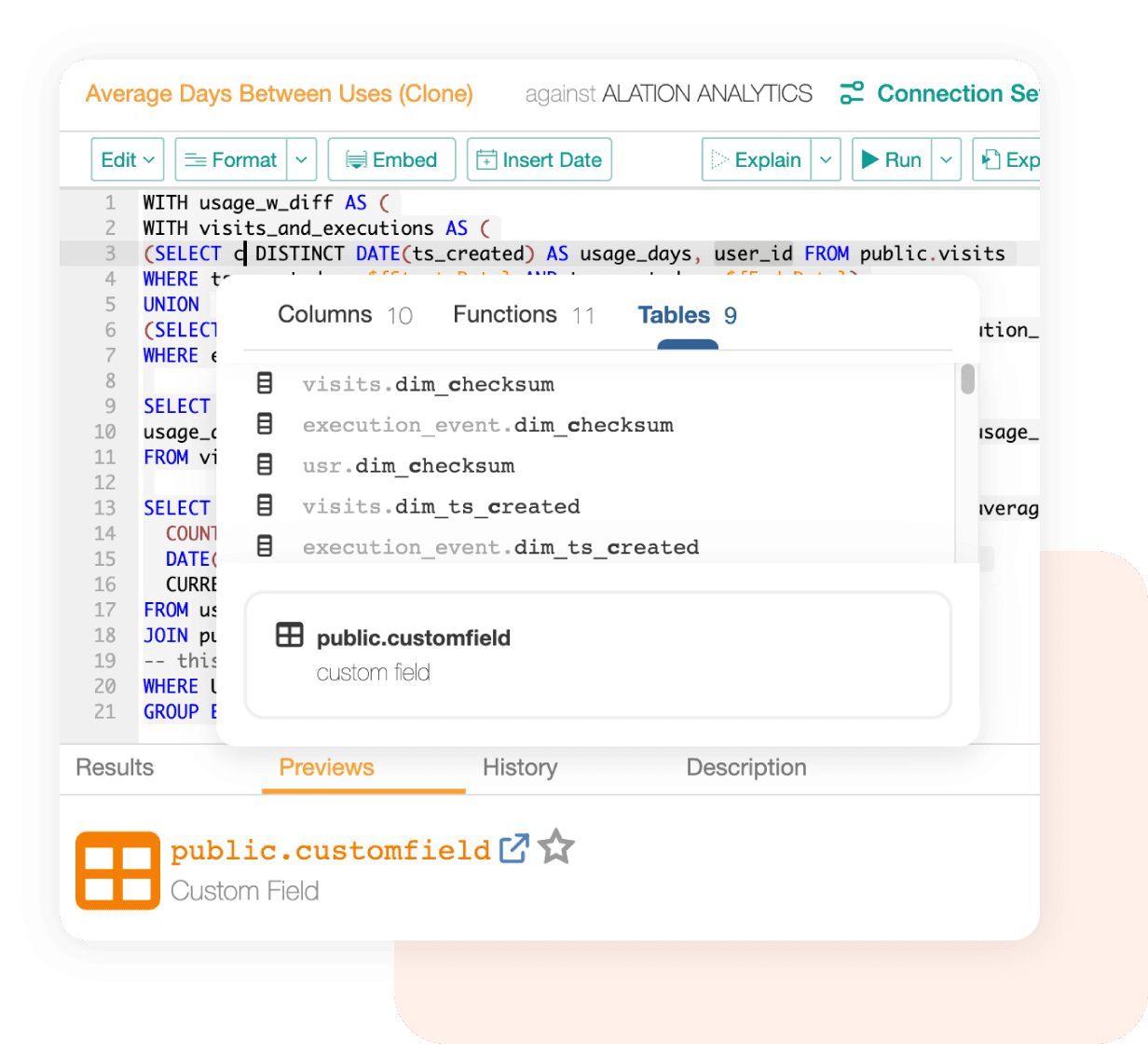 Product image showing the Alation Data Catalog intelligent SQL editor and how our partner Snowflake supports it