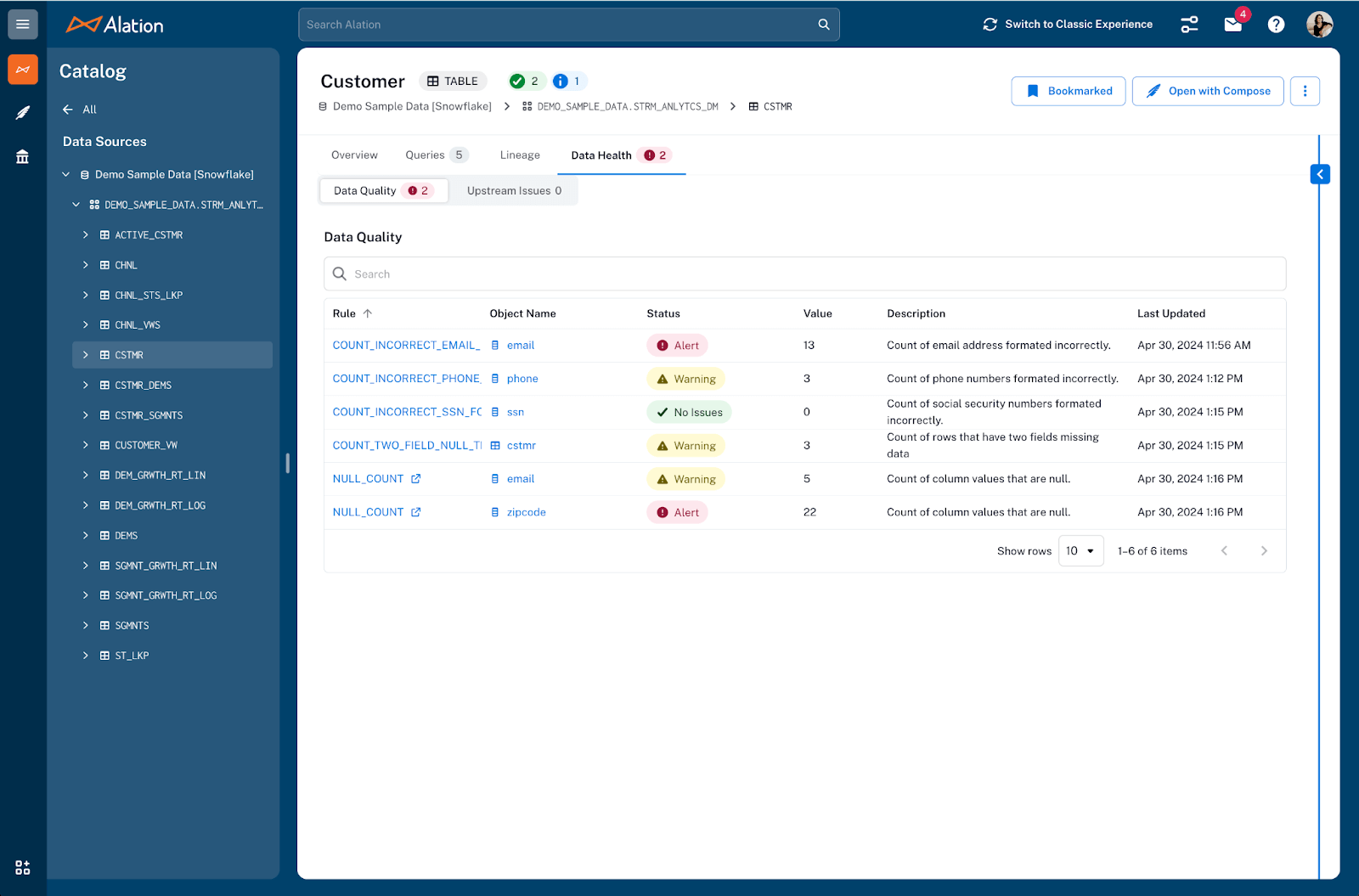 Screenshot of demo customer data source