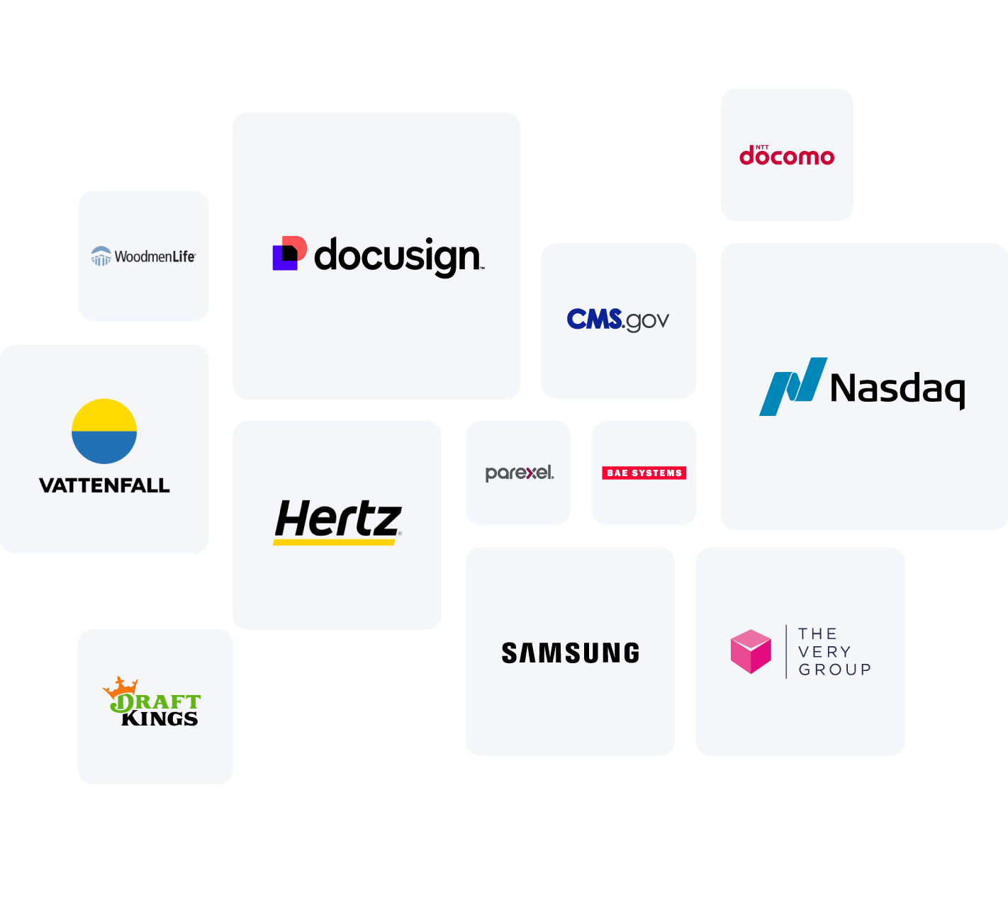 Logos for Vattenfall, WoodmenLife, Draft Kings, Docusign, Hertz, CMS.gov, Parexel, Samsung, NTT docomo, Nasdaq, and The Very Group
