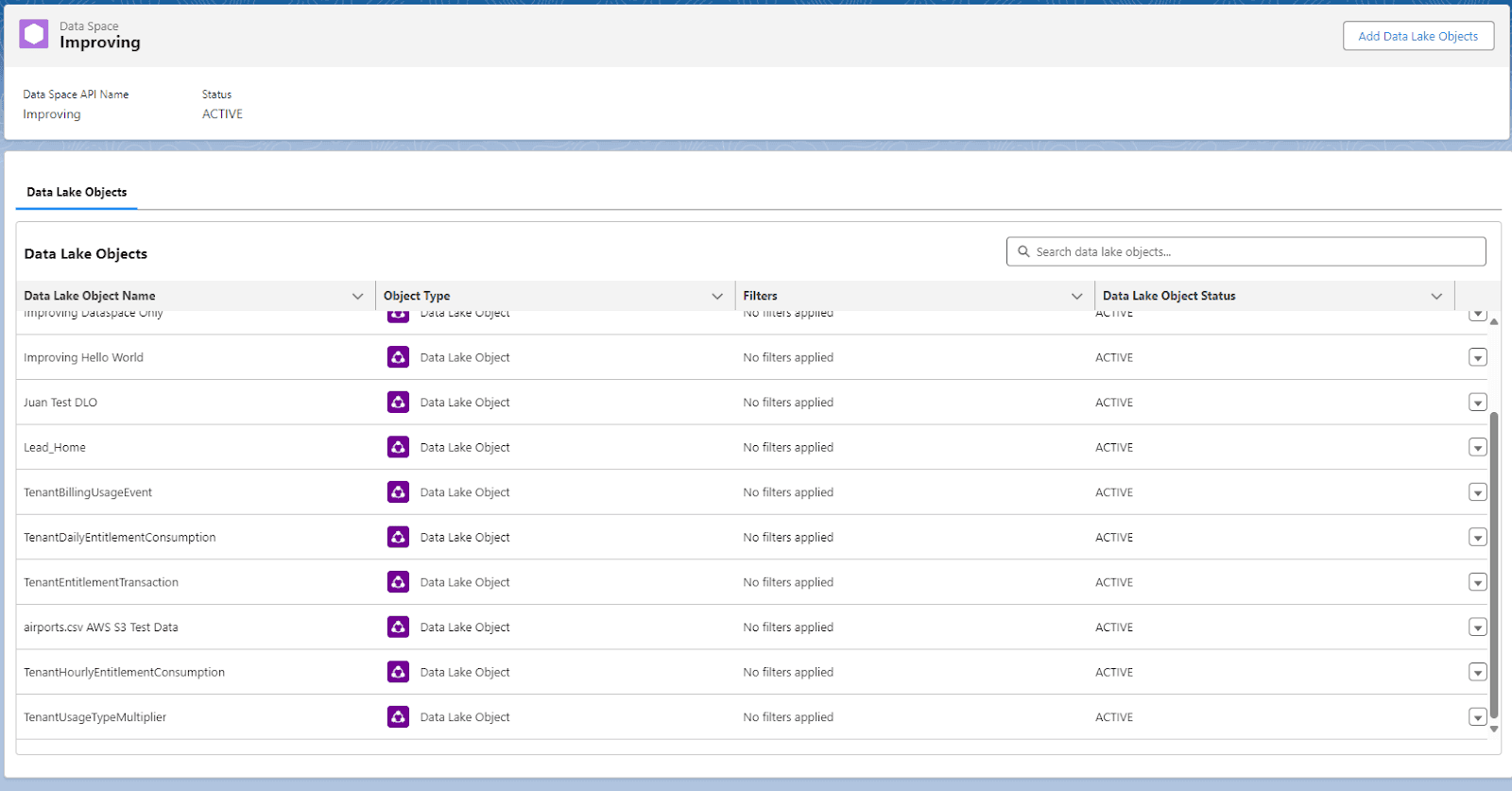 Mockup showing how Salesforce displays Alation metadata (Data Lake Objects).