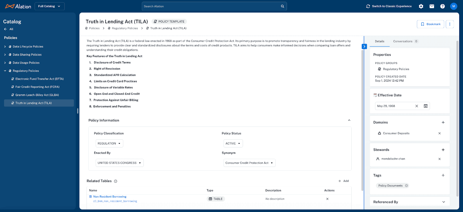 Alation UI supporting policies for banks (Truth in Lending)