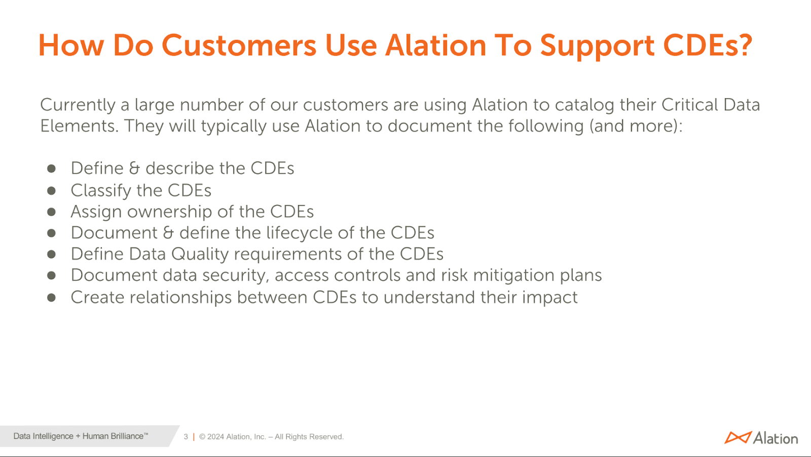 Slide sharing how customers use Alation to support Critical Data Elements (CDEs) per APRA