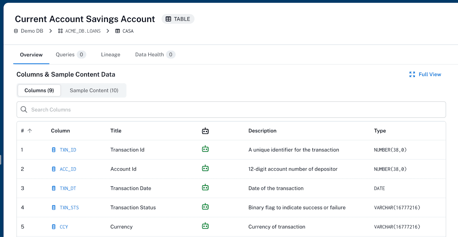 Alation product showing suggested descriptions for technical banking terms