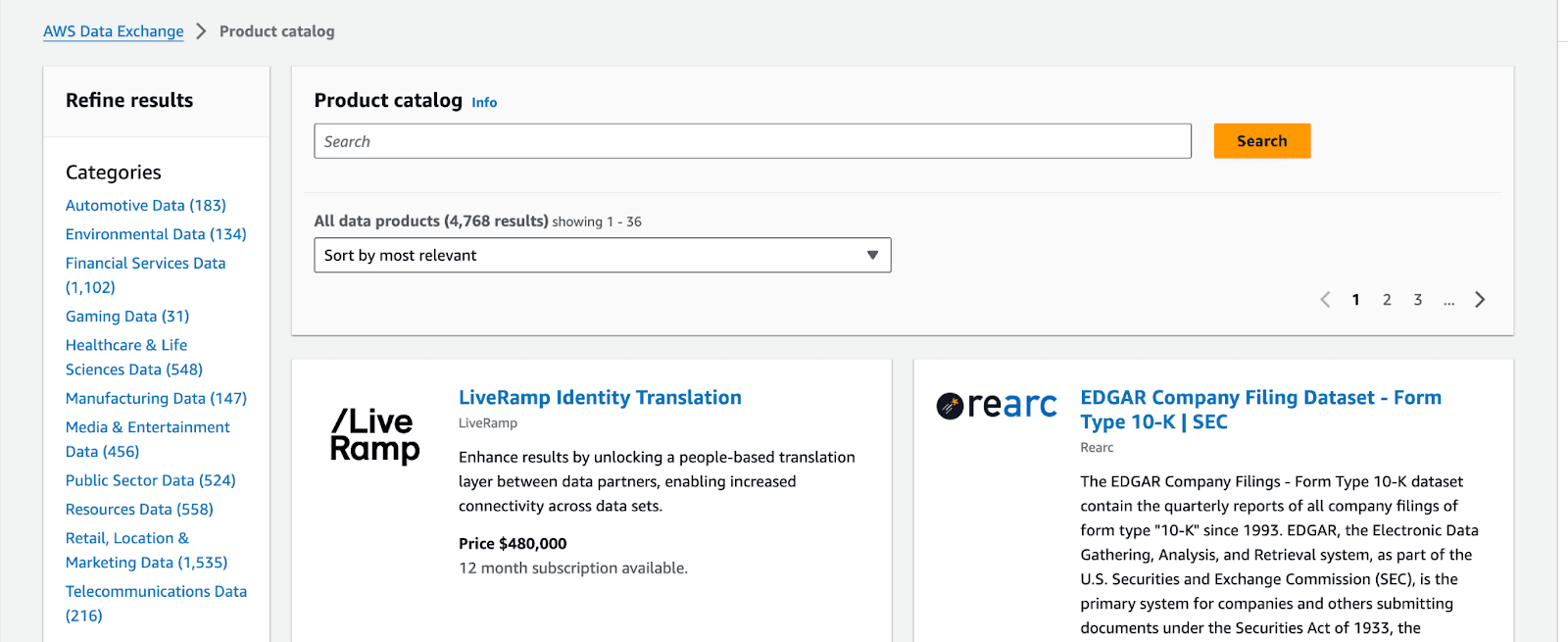 Screenshot showing dataset in AWS Data Exchange (example)