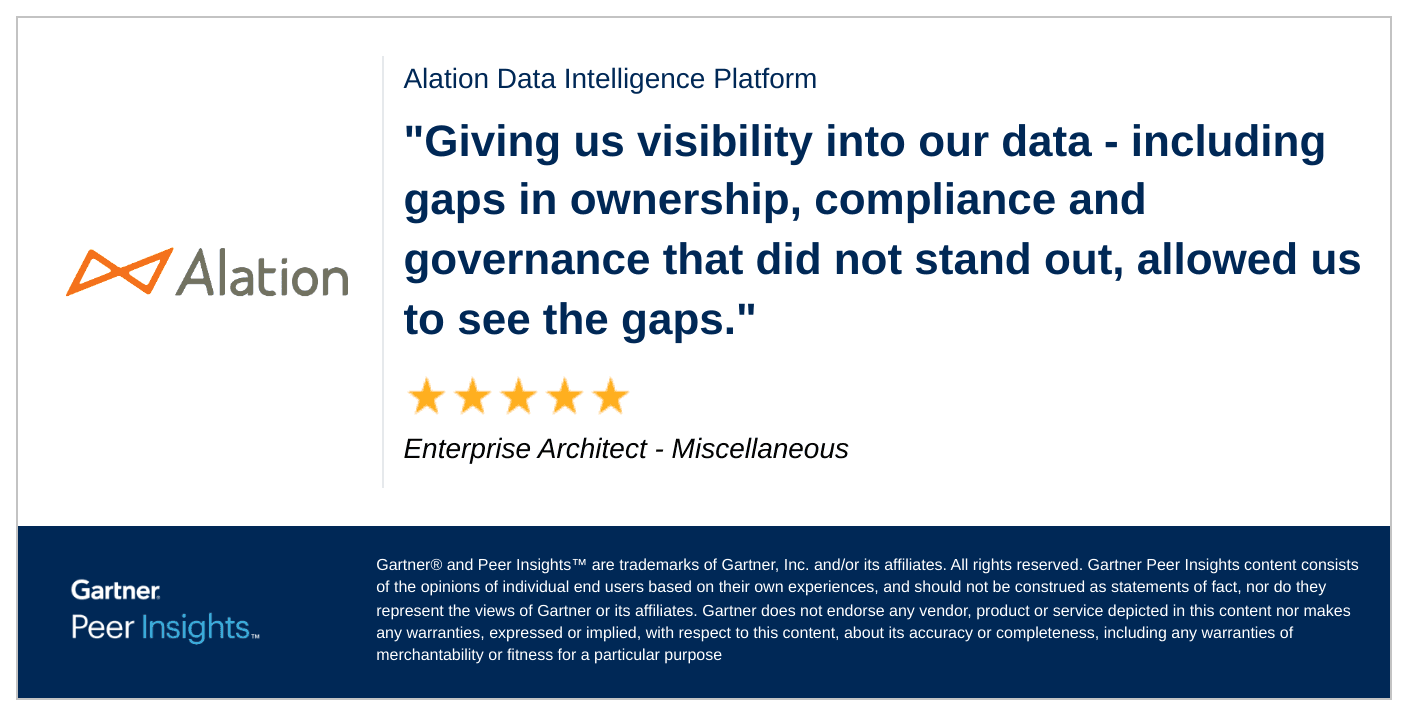 Gartner review from enterprise architect praising Alation's data governance capabilities