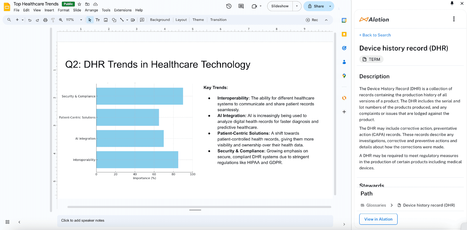 Screenshot demonstrating how Alation's Anywhere's new integration for Chrome looks in Google Docs.