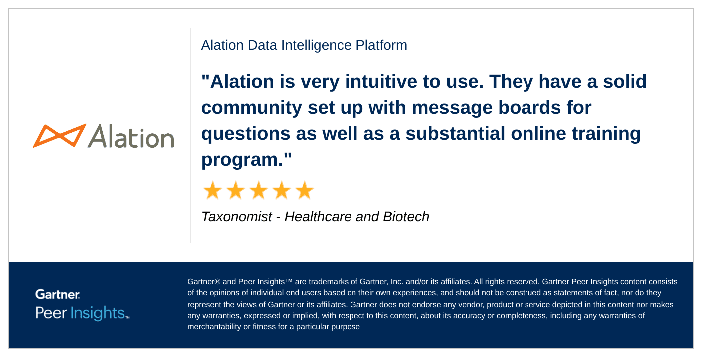 Gartner review from a taxonomist in healthcare praising the product's community and training support