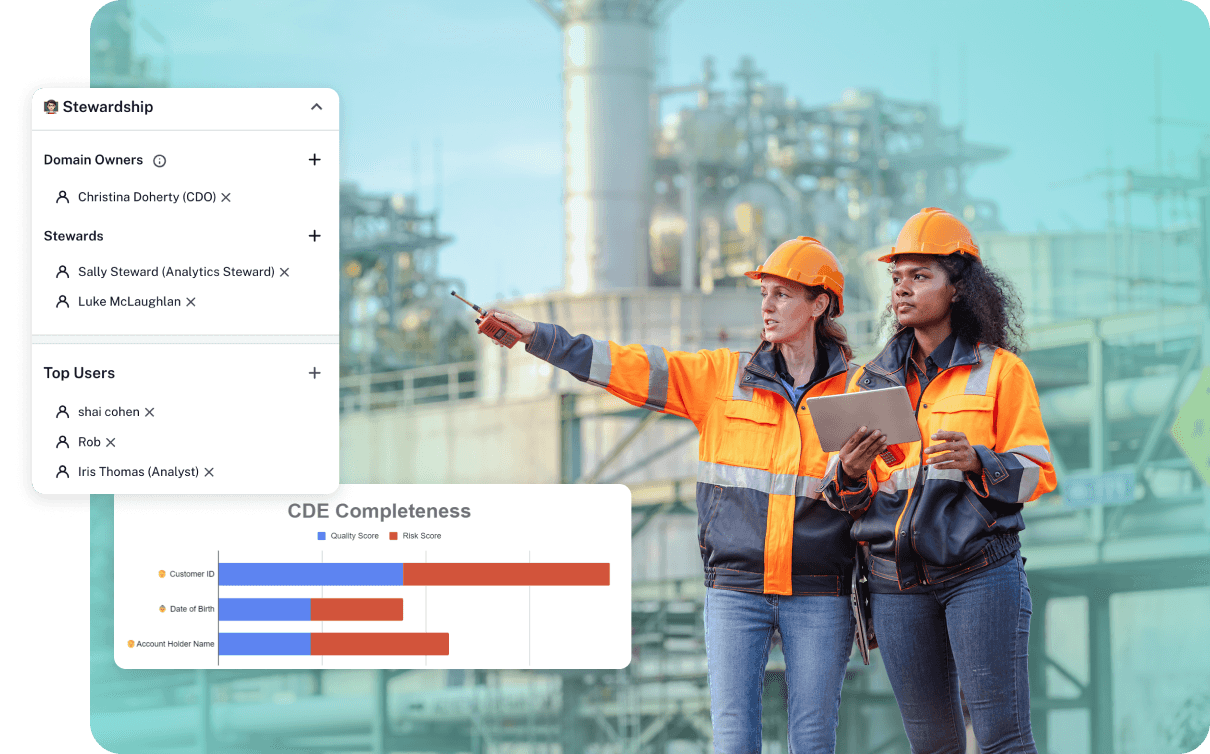 Image showing energy and utility workers with an overlay of the Alation Data governance platform