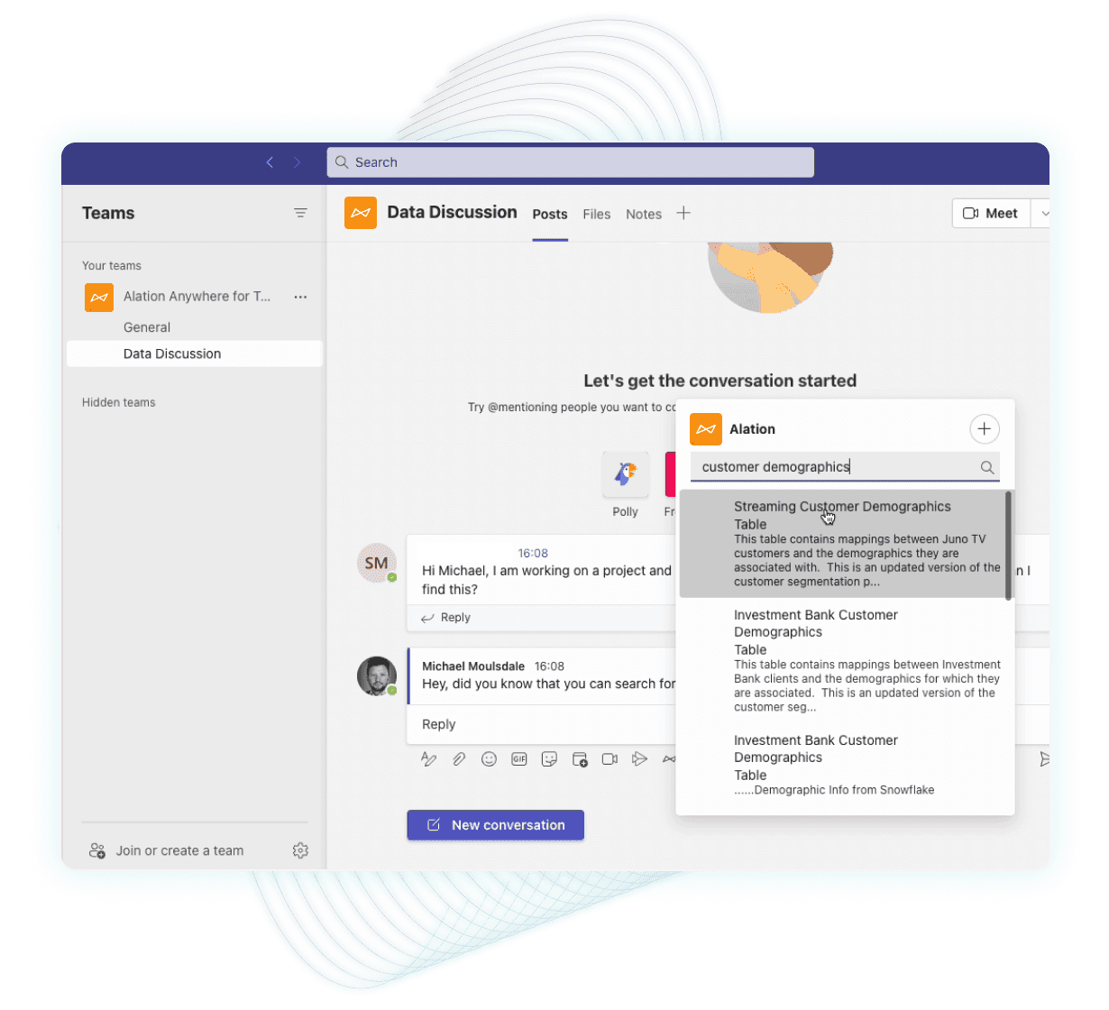 Screenshot of a Microsoft Teams conversation in a Data Discussion group, showing a pop-up menu for adding data from a tool named Alation.