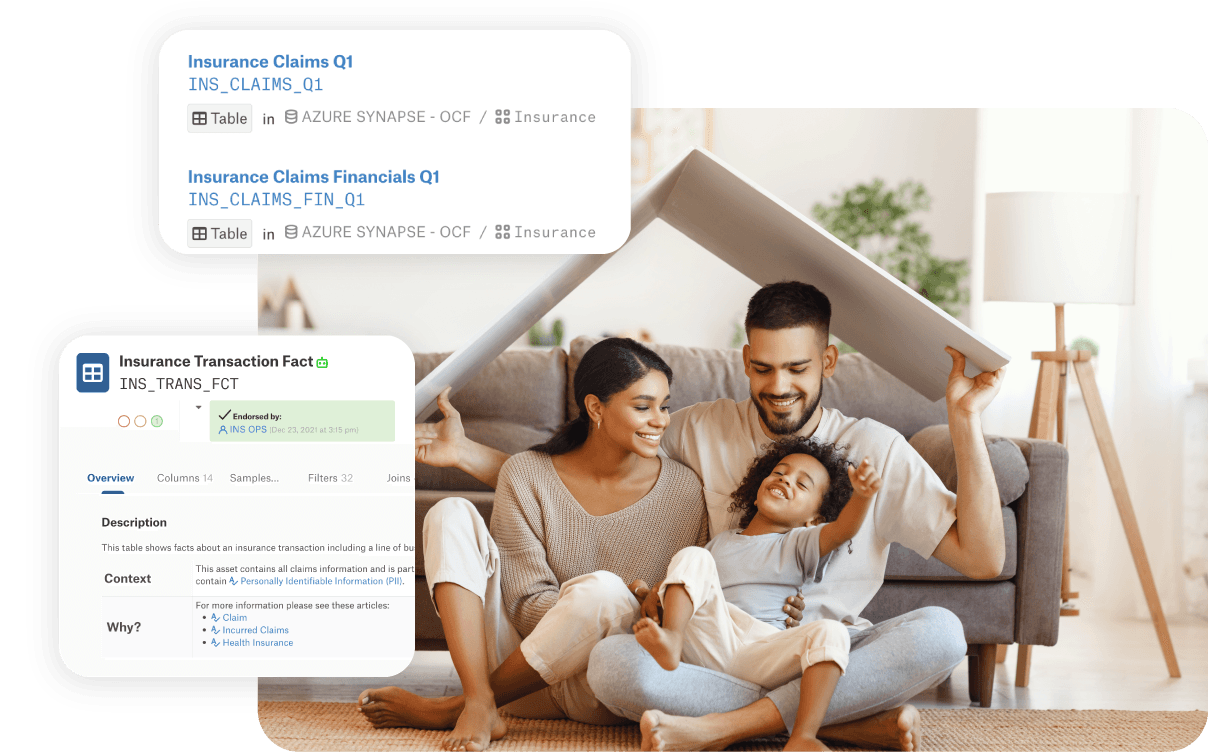 Hero image from the Alation Insurance solution page showing a family playing with overlay of Alation product imgaes