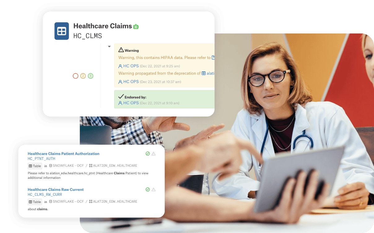 Hero image for Alation's healthcare solution page showing a healthcare professional overlayed with product images of Alation