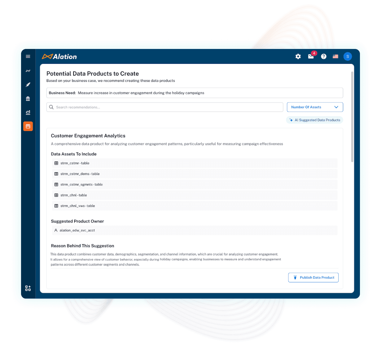 Alation dashboard showing Customer Engagement Analytics product recommendation with data assets for holiday campaign measurement.