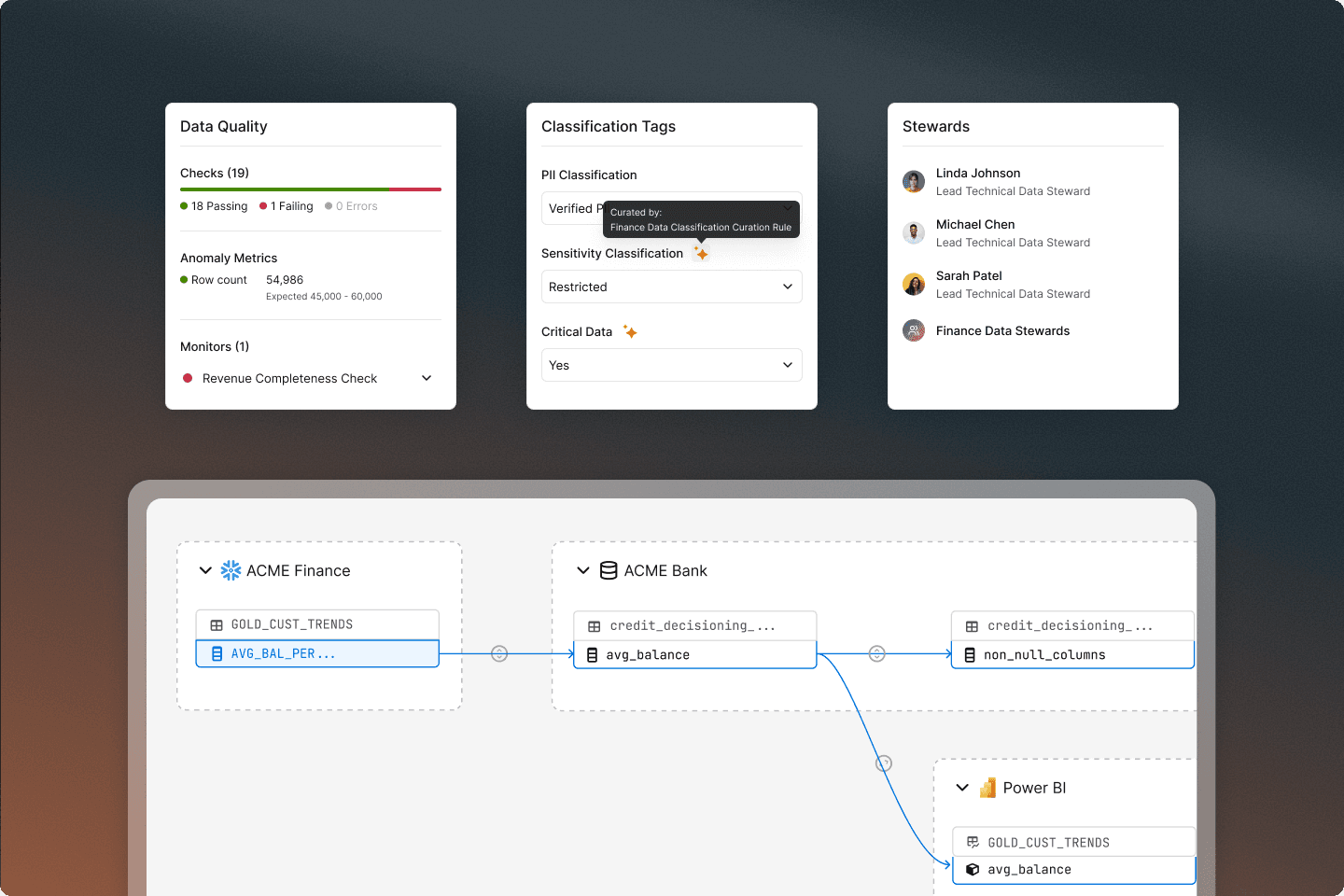 Data governance dashboard showing data quality checks, classification tags, stewards, and a data lineage flow diagram.