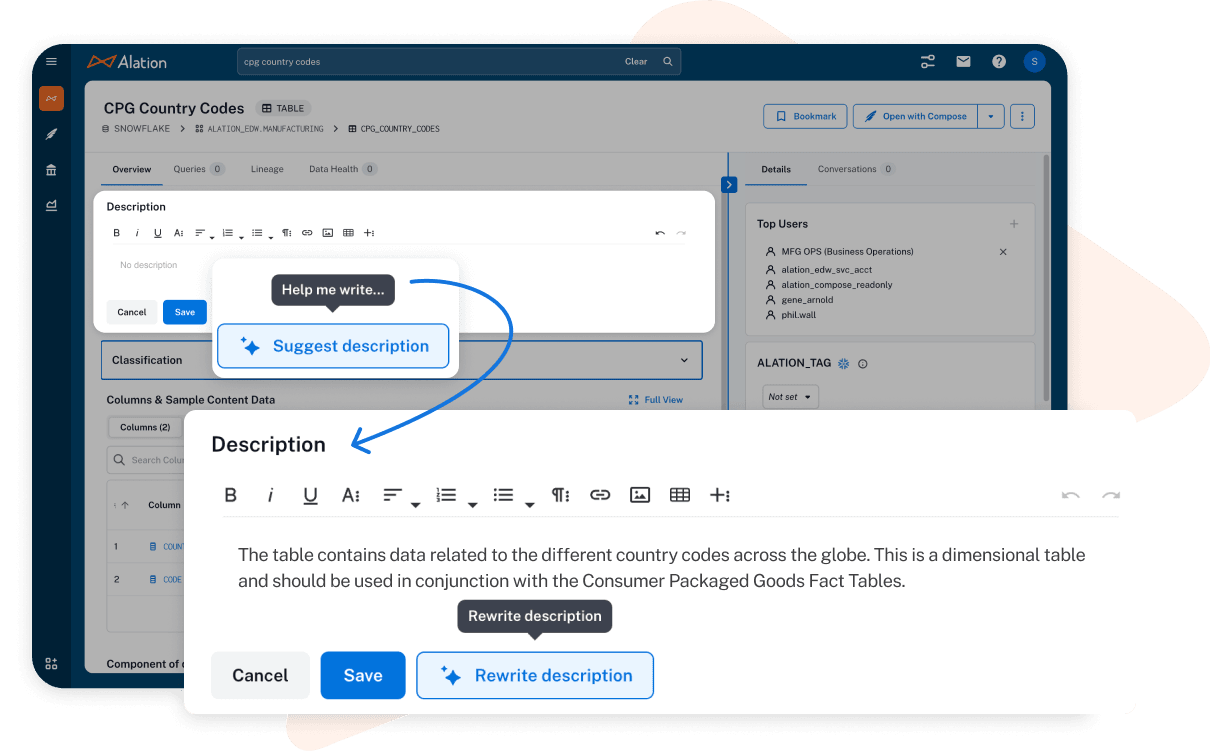 Alation product image of how ALLIE AI works within our data intelligence platform