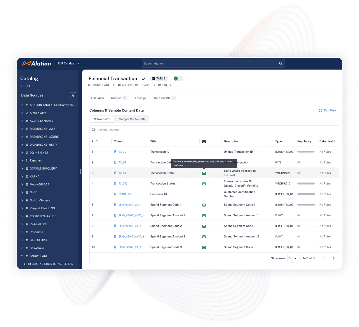 Product screenshot for Alation documentation agent showing auto titling