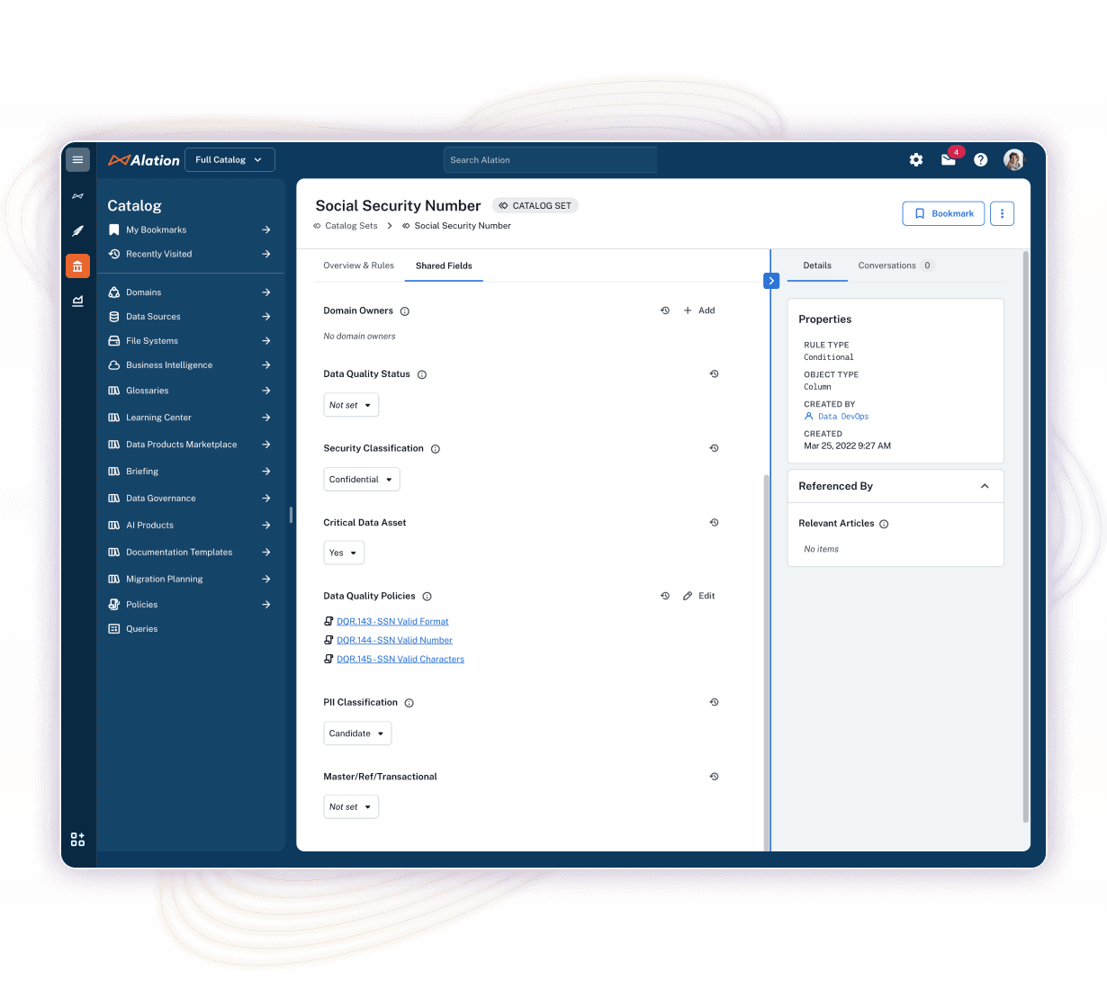 Alation Data Governance product image showing social security data set