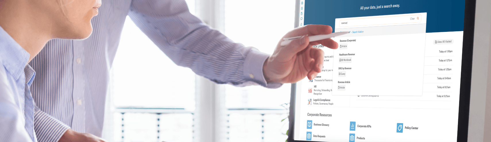 Image of man looking at a data catalog to find governed data