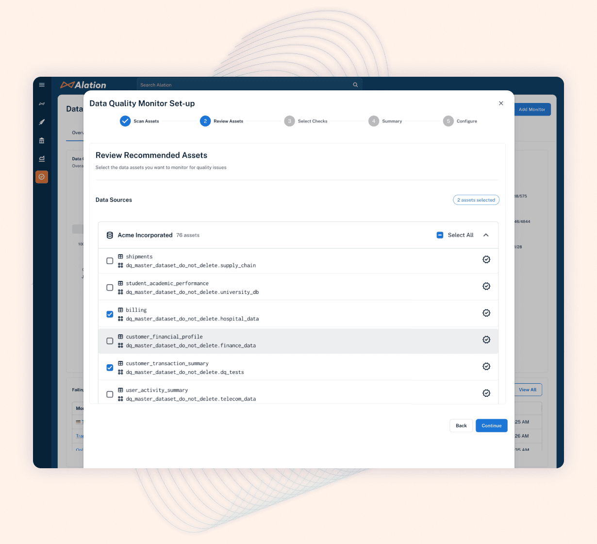 Alation data quality monitor setup screen showing asset selection interface with various database tables from Acme Incorporated.