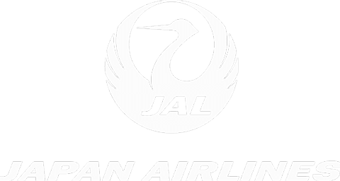 Japan Airlines logo featuring a white crane emblem inside a circle above the text "JAPAN AIRLINES" on a dark background.