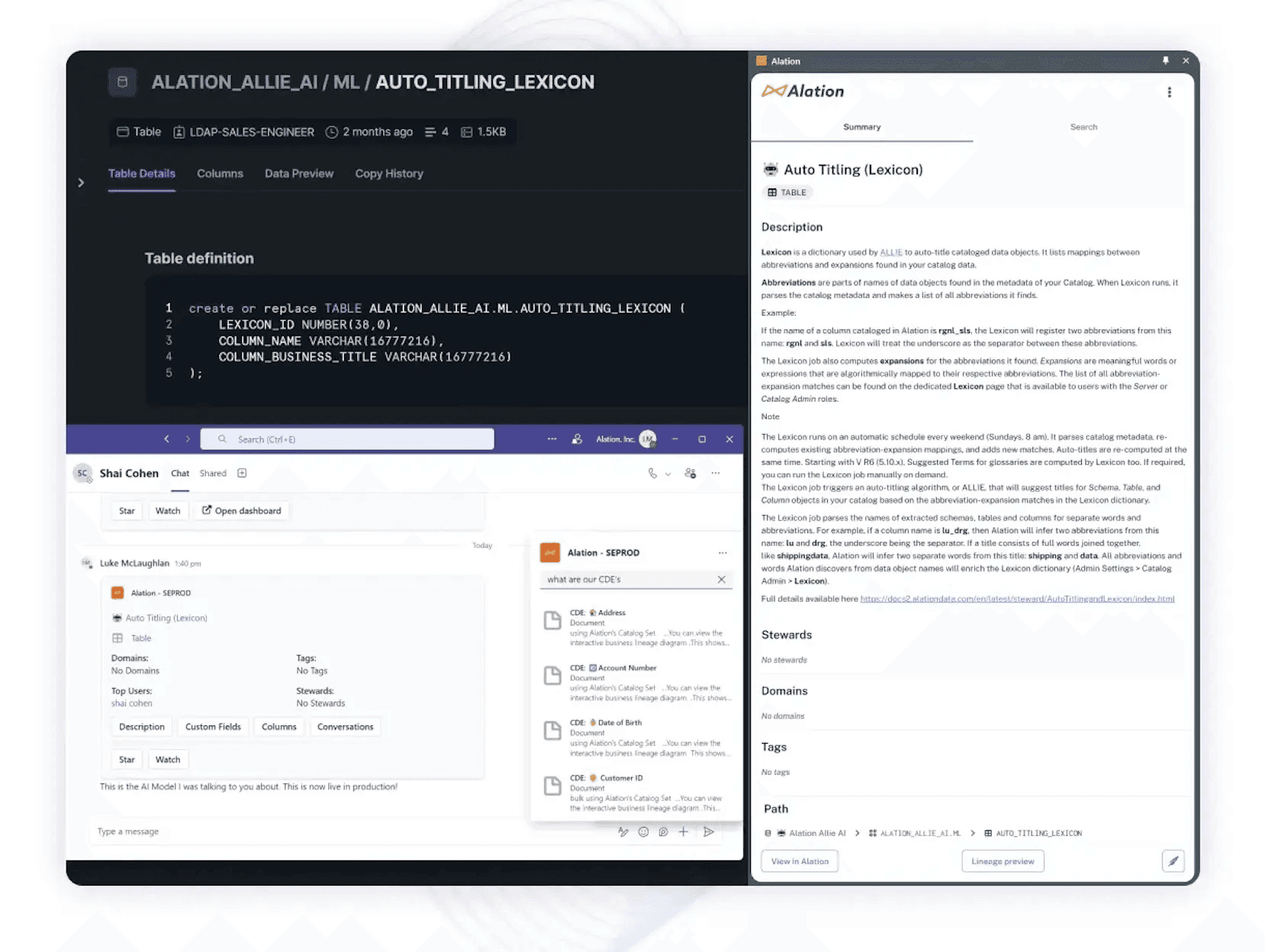 Alation’s interface shows automatic metadata capture and catalog mapping