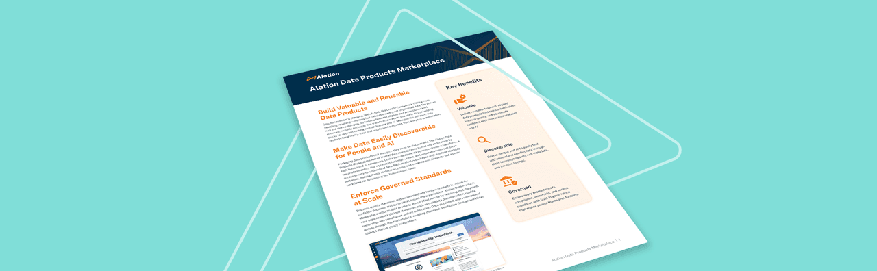 Atation Data Products Marketplace brochure showing key benefits and features on a teal background with circuit patterns.