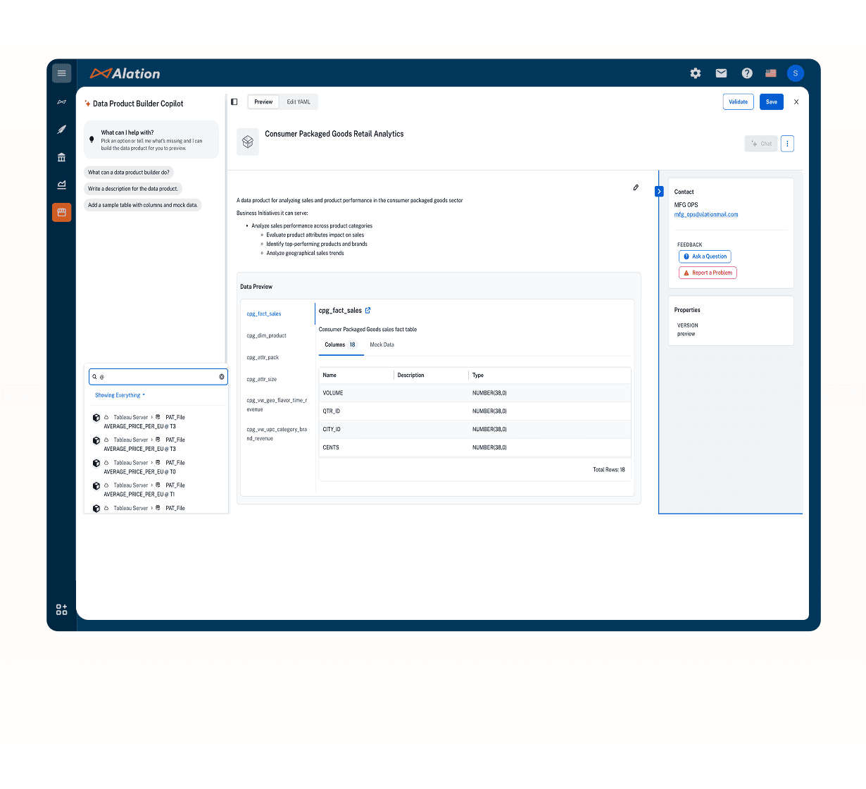 Alation Universal Data Marketplace interface showing data product listings including healthcare, finance, and investment analytics options.