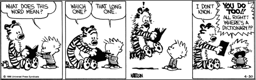 Calvin and Hobes comic snippet where Calvin is asking Hobes the definition to a long word.