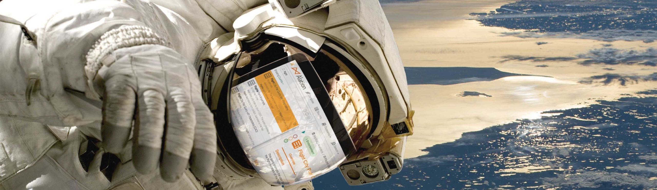 Alation Image: Astronaut flying through space with Alation showcasing on his helmet