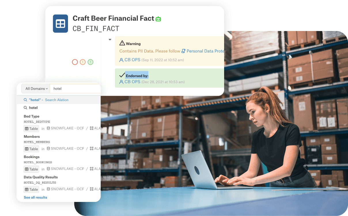 Hero image from Alation's Retail solution page showing retail workers on a laptop with overlays of the Alation platform