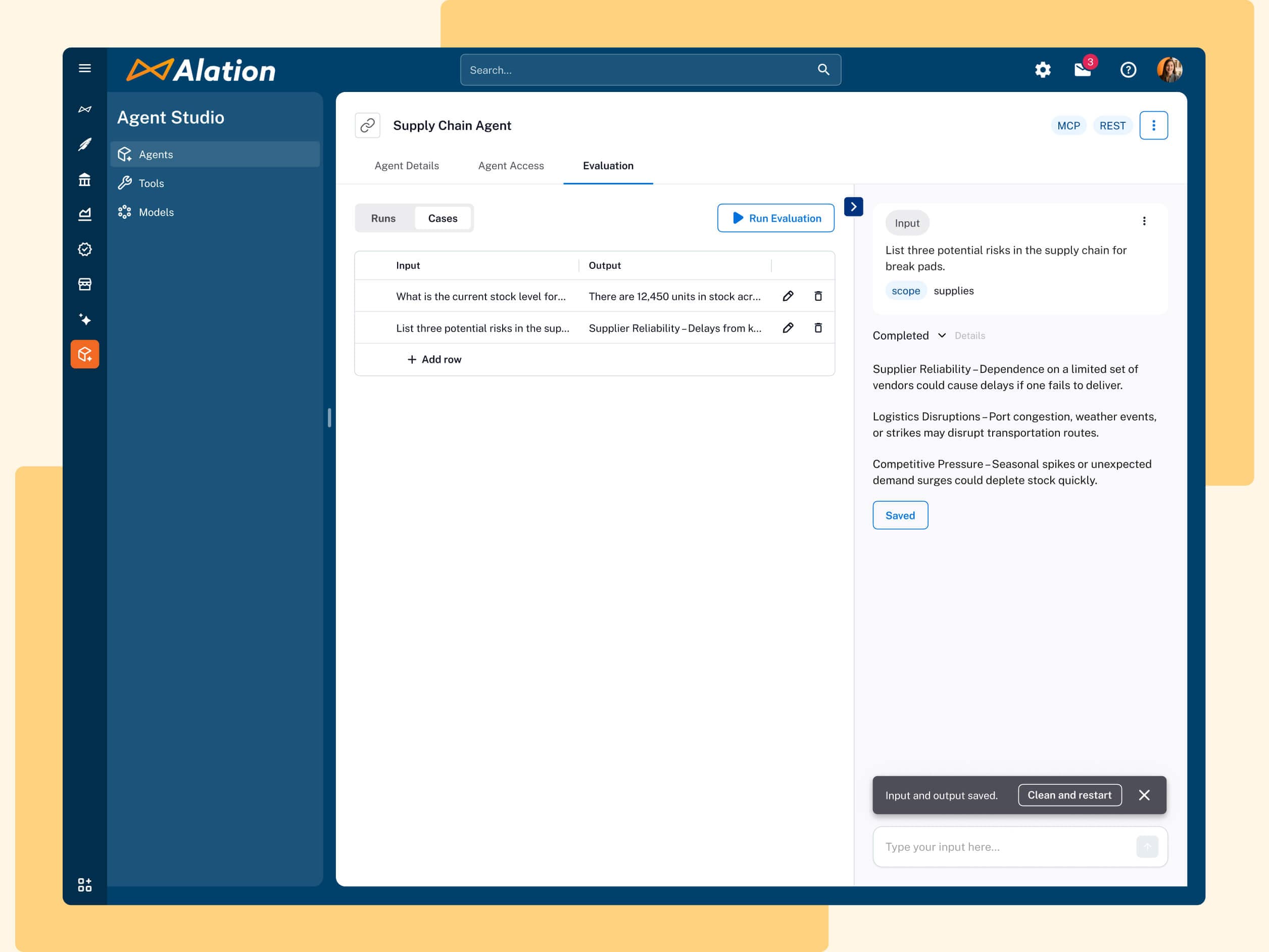 Alation Supply Chain Agent interface showing risk evaluation for break pads with three potential supply chain risks identified.