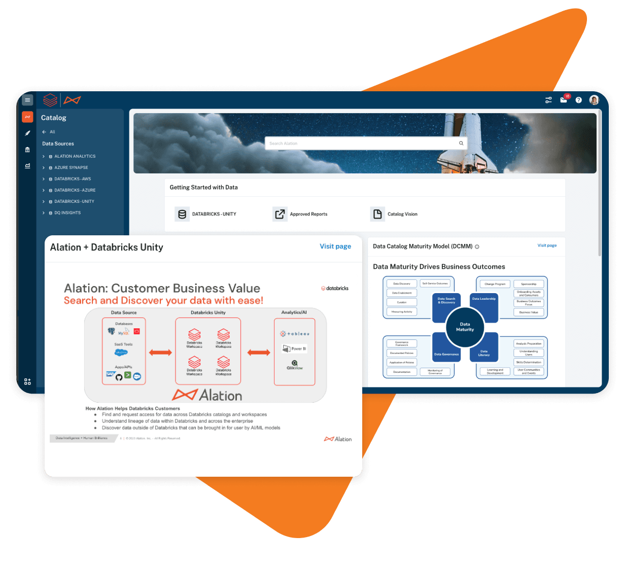 Product image of the Alation platform displaying "Getting Started with Data" made possible with the Databricks partnership