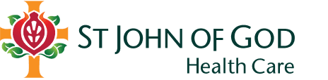 St John of God Health Care logo featuring a red pomegranate symbol on an orange cross with green text.