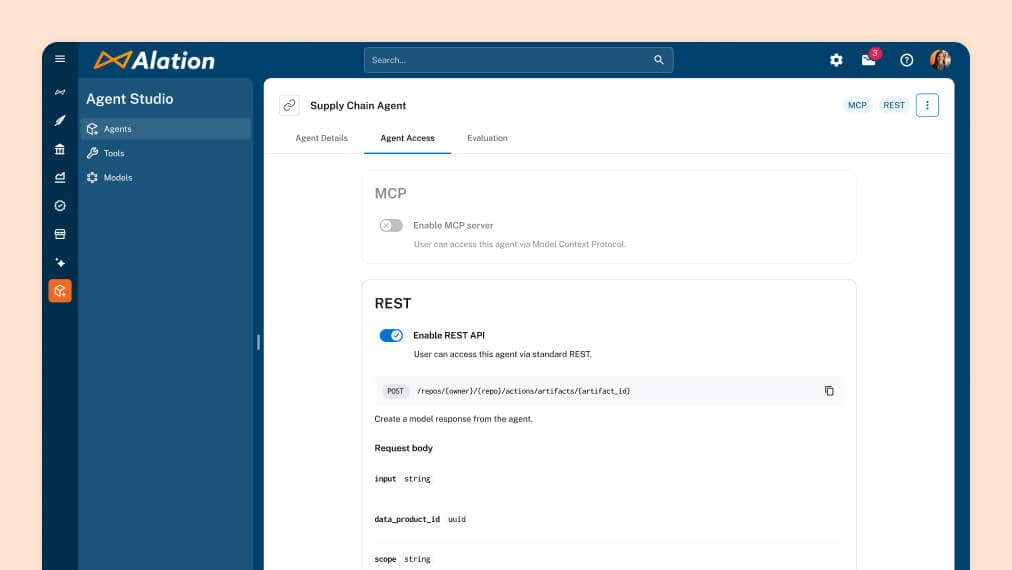 Alation Agent Studio interface showing Supply Chain Agent configuration with MCP and REST API access options enabled.