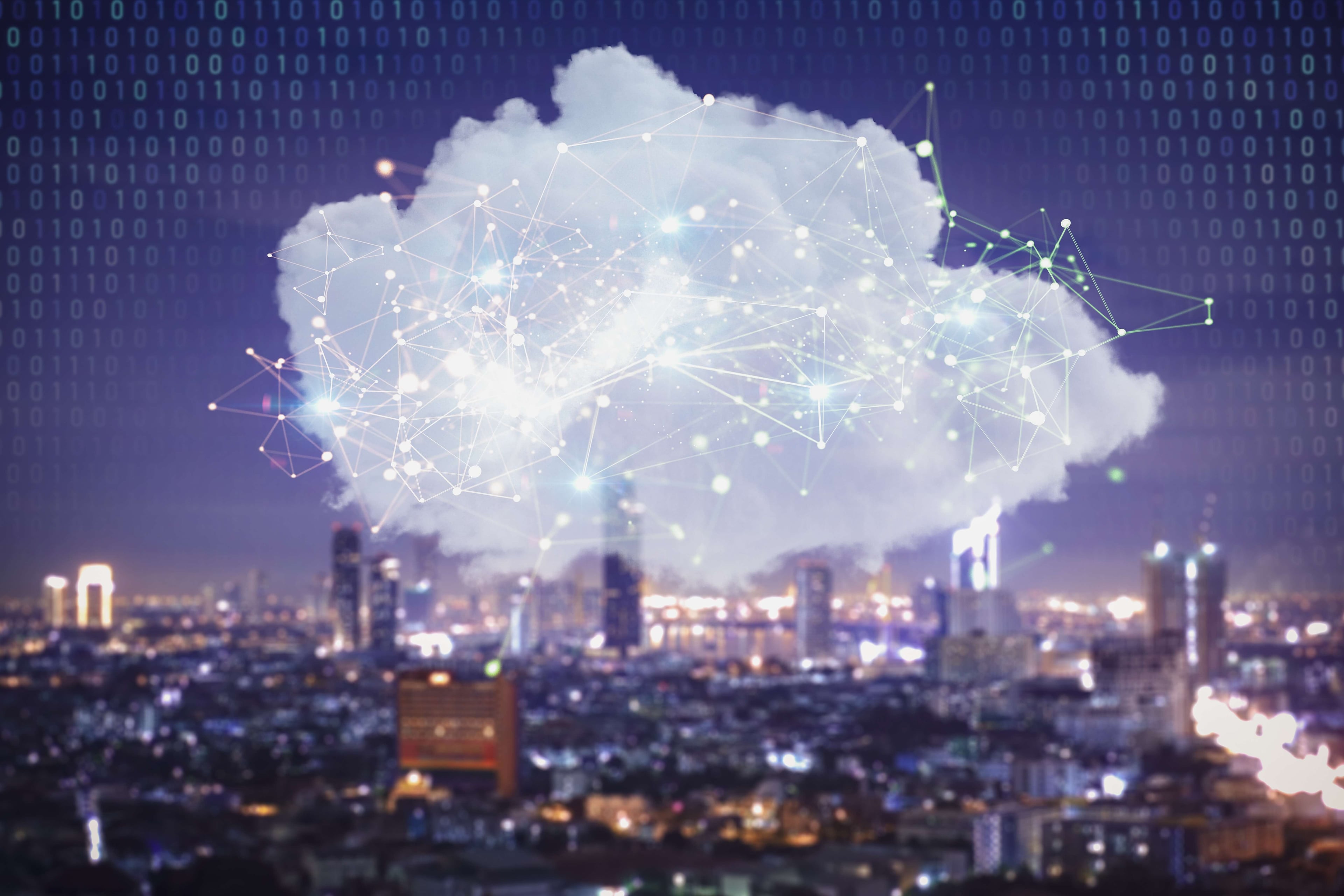 Alation Stock Image: Futuristic cloud with data intertwined in a futuristic city landscape