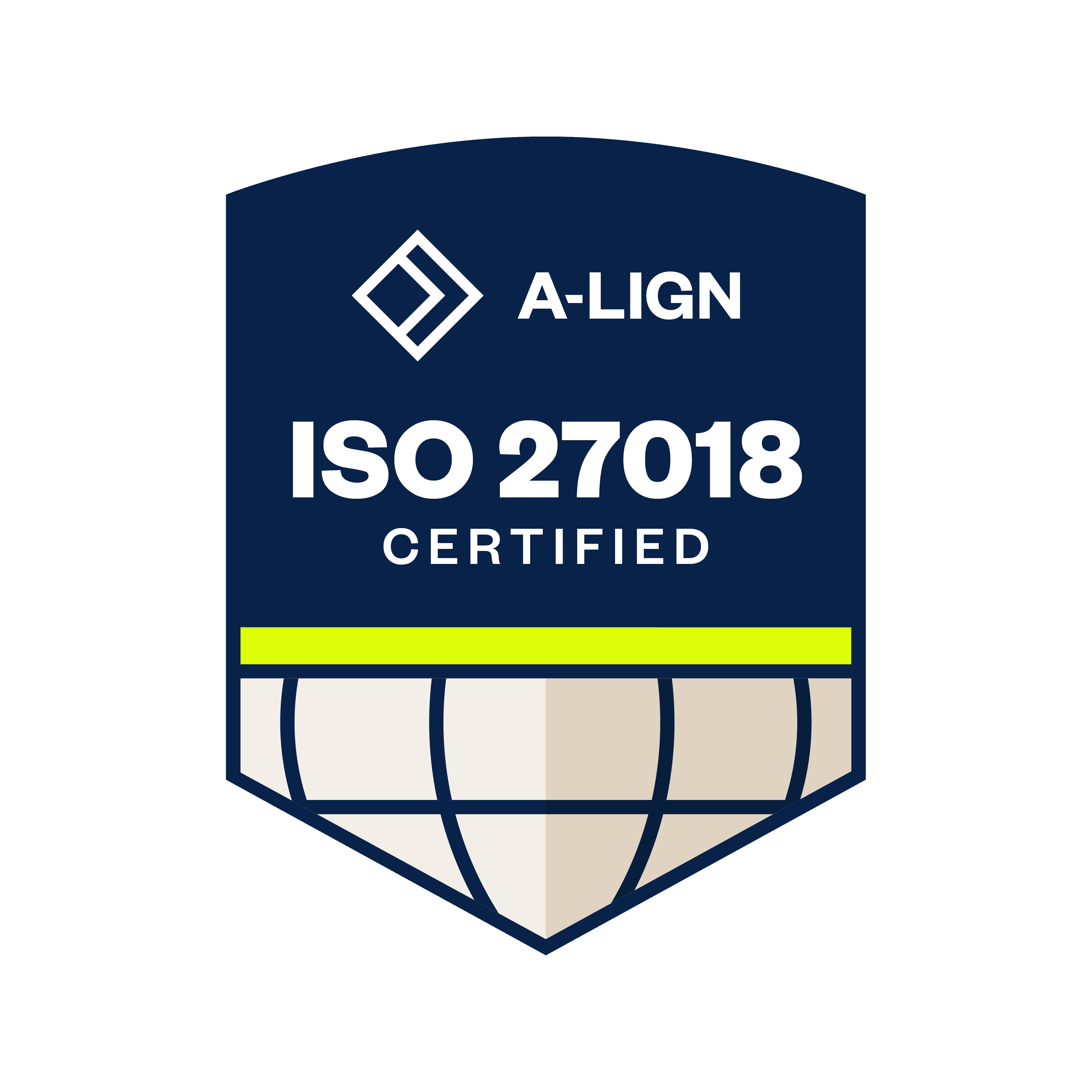 A-LIGN ISO 27018 Certified badge featuring a navy blue shield with a globe and yellow stripe.