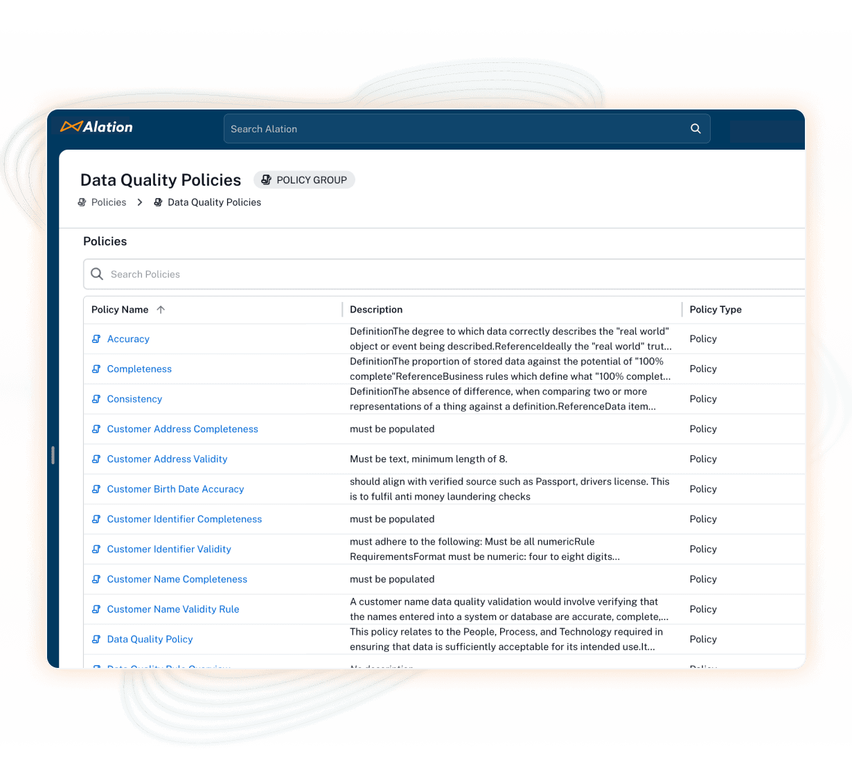 Product image showing how the Alation Data Quality product links to your policy center
