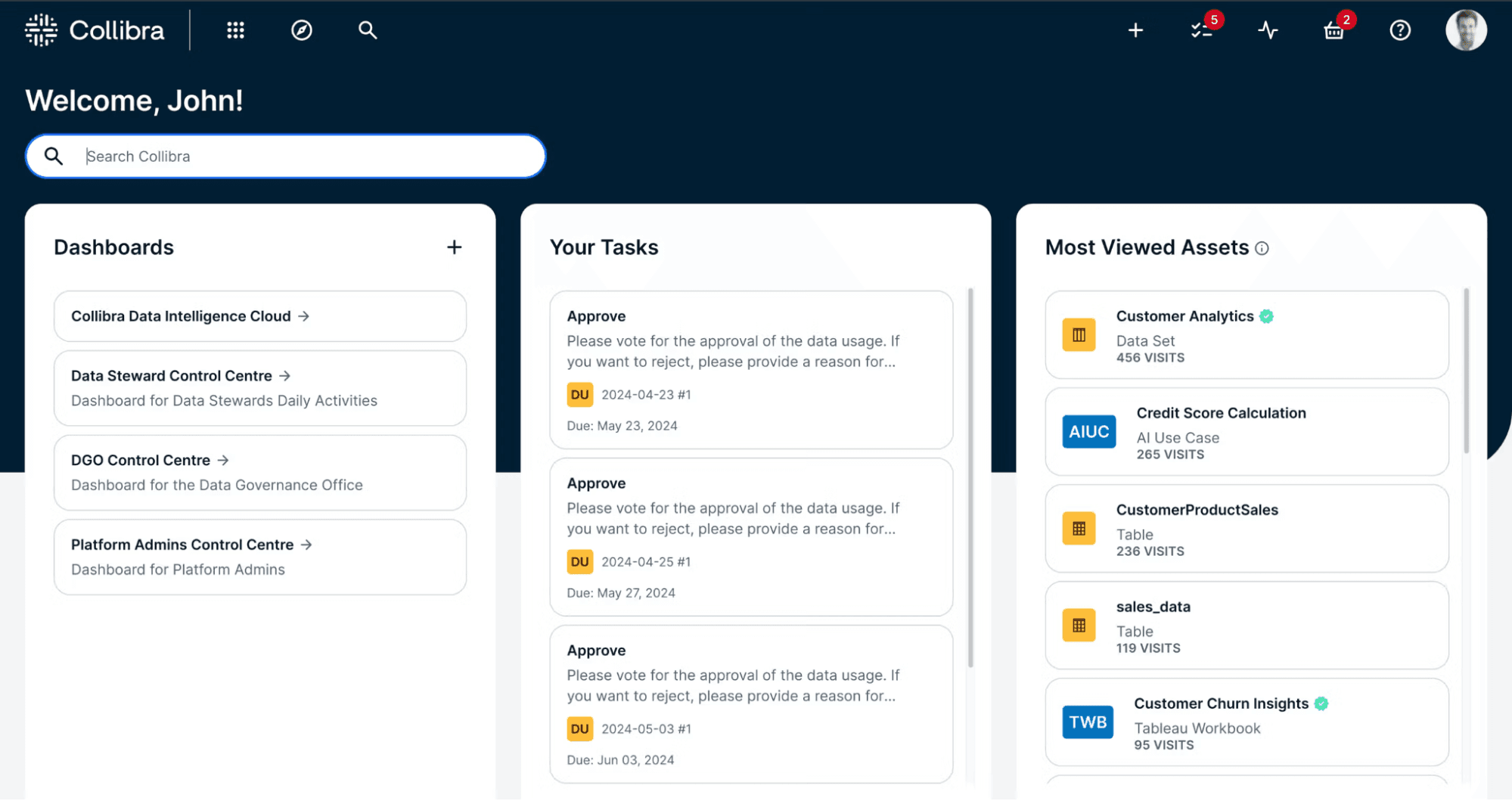 Collibra’s dashboard centralizes user needs.