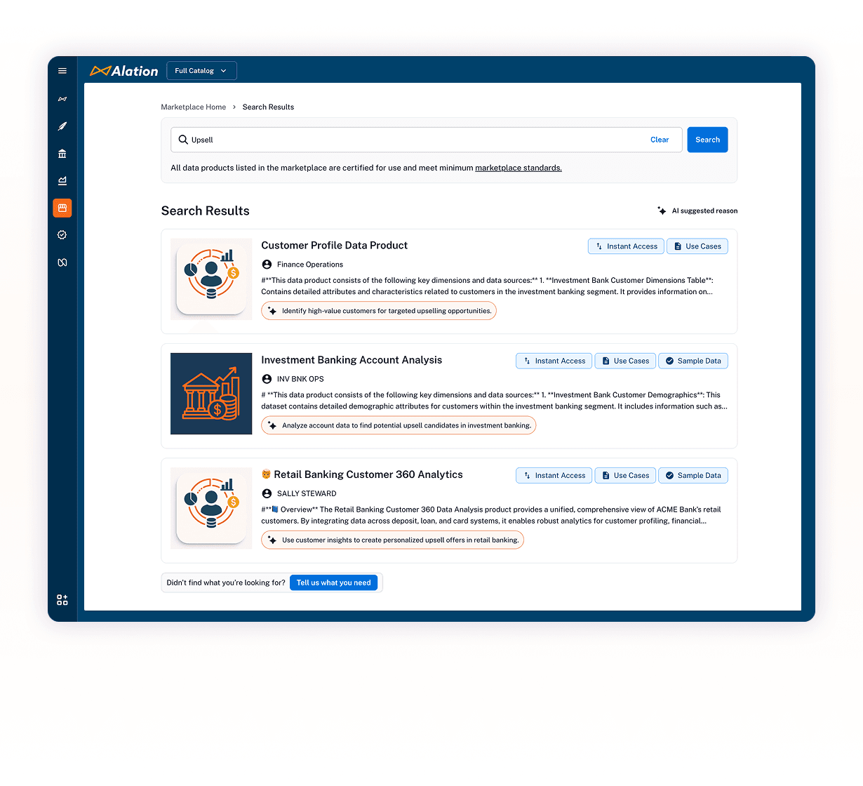 Alation dashboard showing Customer Engagement Analytics product recommendation with data assets for holiday campaign measurement.