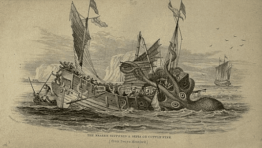 The Kraken sea monster in a detailed illustration with swirling tentacles wrapped around a ship in the middle of the ocean to represent how data can be a beast.