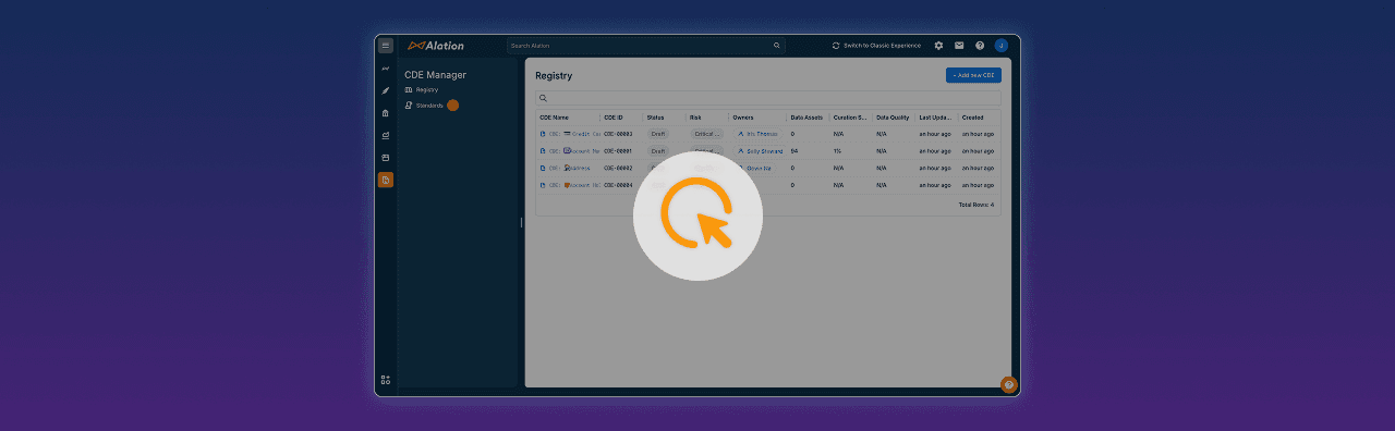 Alation CDE Manager interface showing Registry page with data entries and an orange circular cursor pointer overlay.