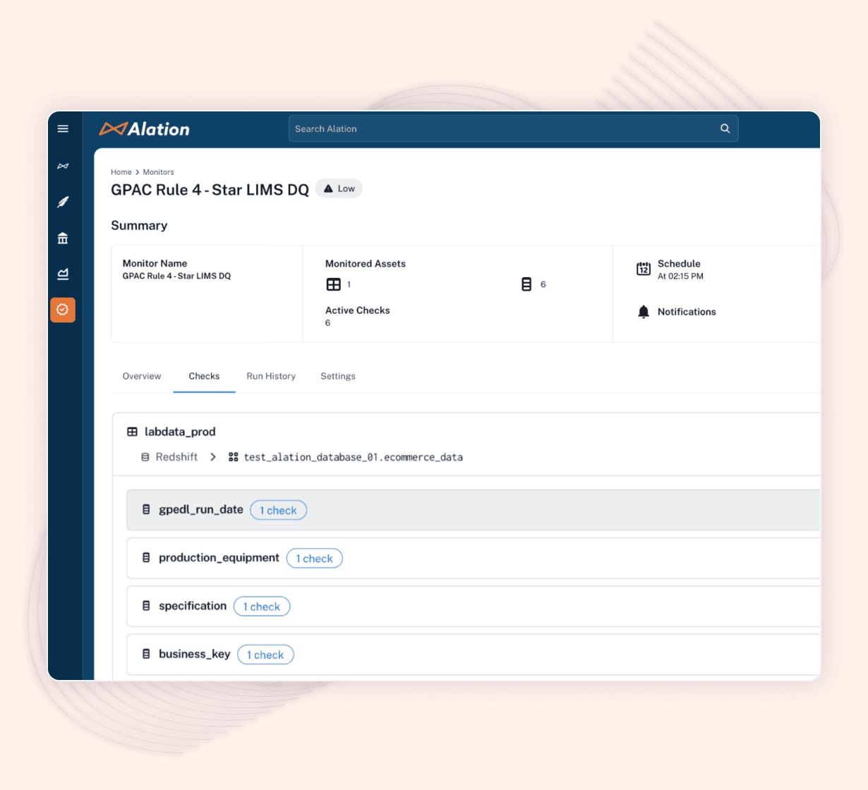 Alation dashboard showing GPAC Rule 4 monitoring interface with data quality checks and database connections.