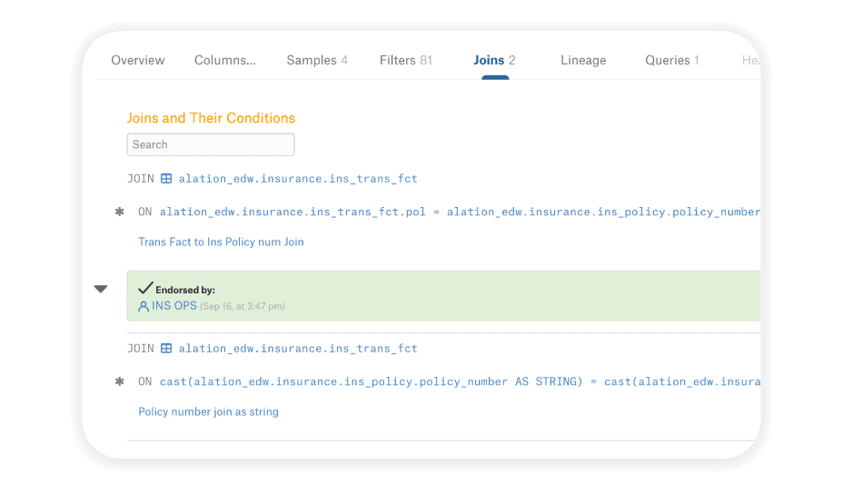 Alation product image: Alation's Active Metadata Graph streamlining SQL writing