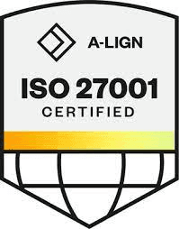 A-LIGN ISO 27001 Certified badge featuring a shield shape with a globe icon and yellow-orange accent stripe.