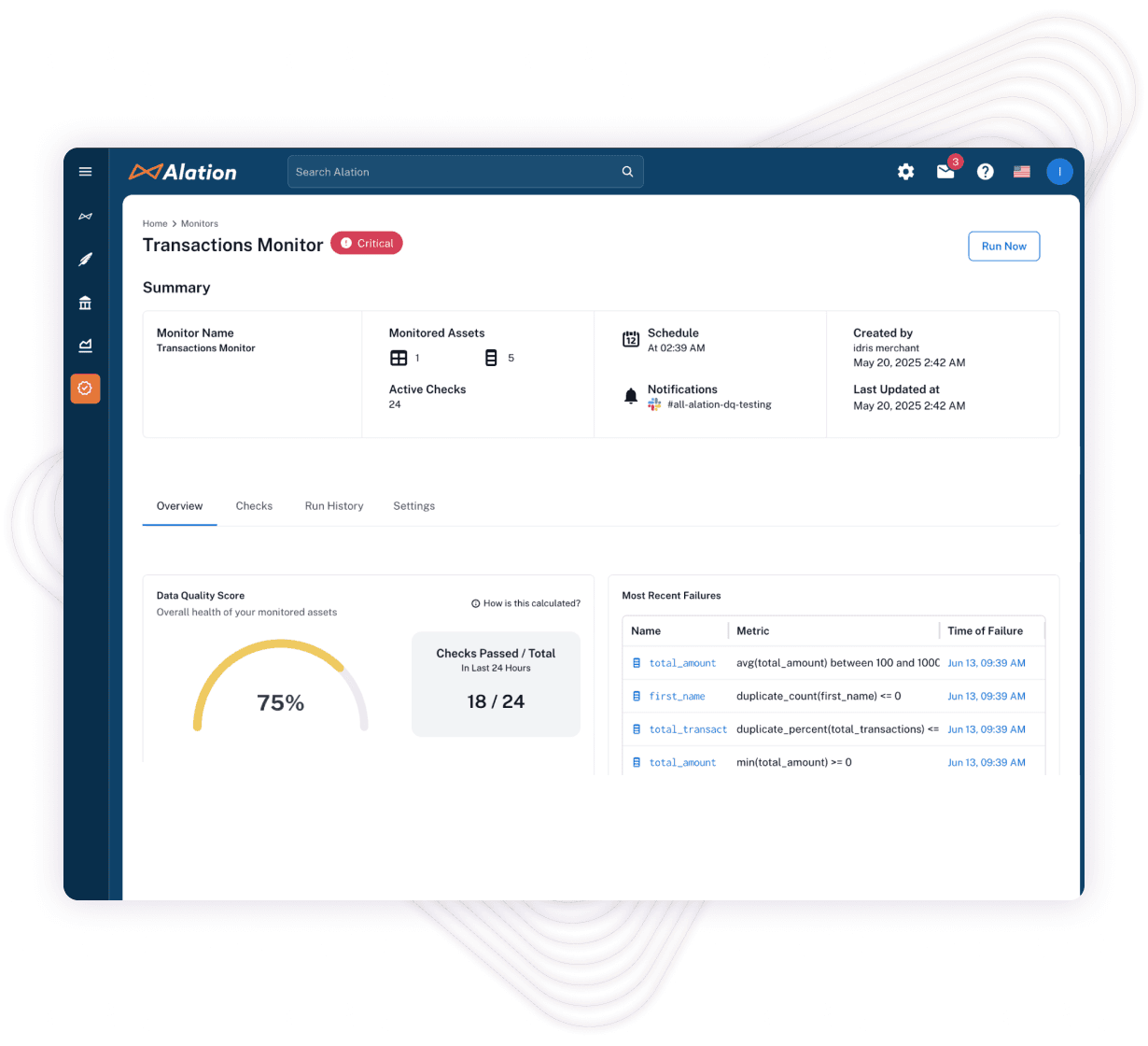Alation Transactions Monitor dashboard showing 75% data quality score, 18/24 checks passed, and recent failures list.