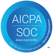 Blue circular badge with AICPA SOC logo for Service Organizations, featuring the website aicpa.org/soc4so.