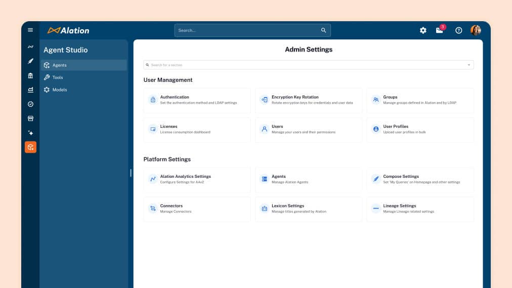 Alation Admin Settings interface showing User Management and Platform Settings options with various configuration tiles