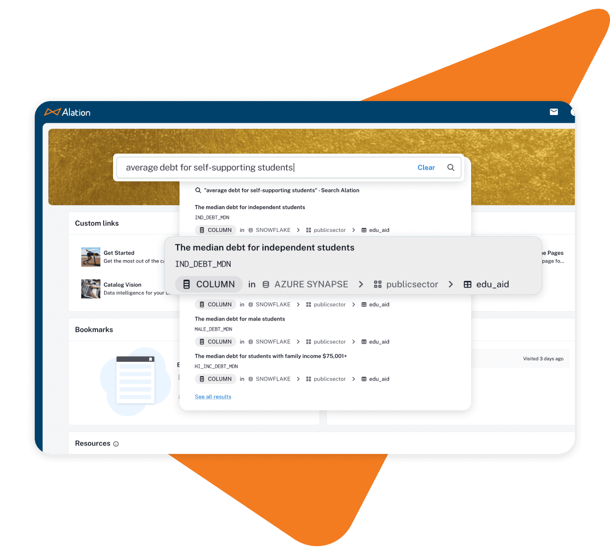 Product image of how Alation Intelligent search utilizes Alation's ALLIE AI