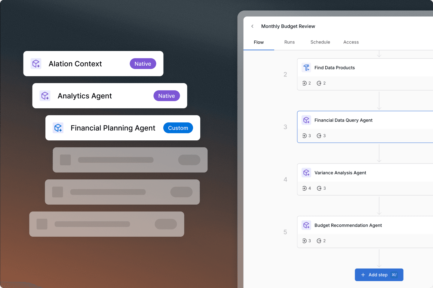 A UI showing a Monthly Budget Review workflow with agents like Financial Data Query and Variance Analysis listed as sequential steps.