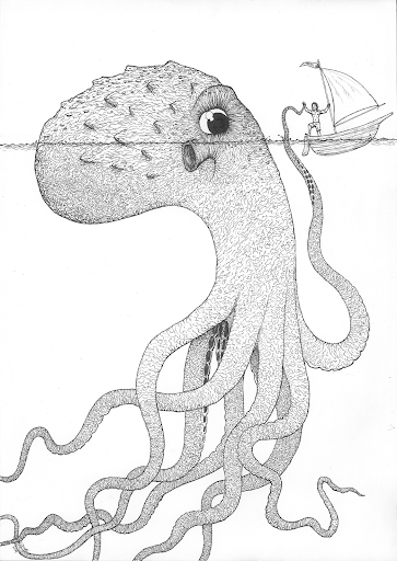 A giant hand-drawn octopus is peeking at a sailor in his sailboat while you can see its tentacles underwater.