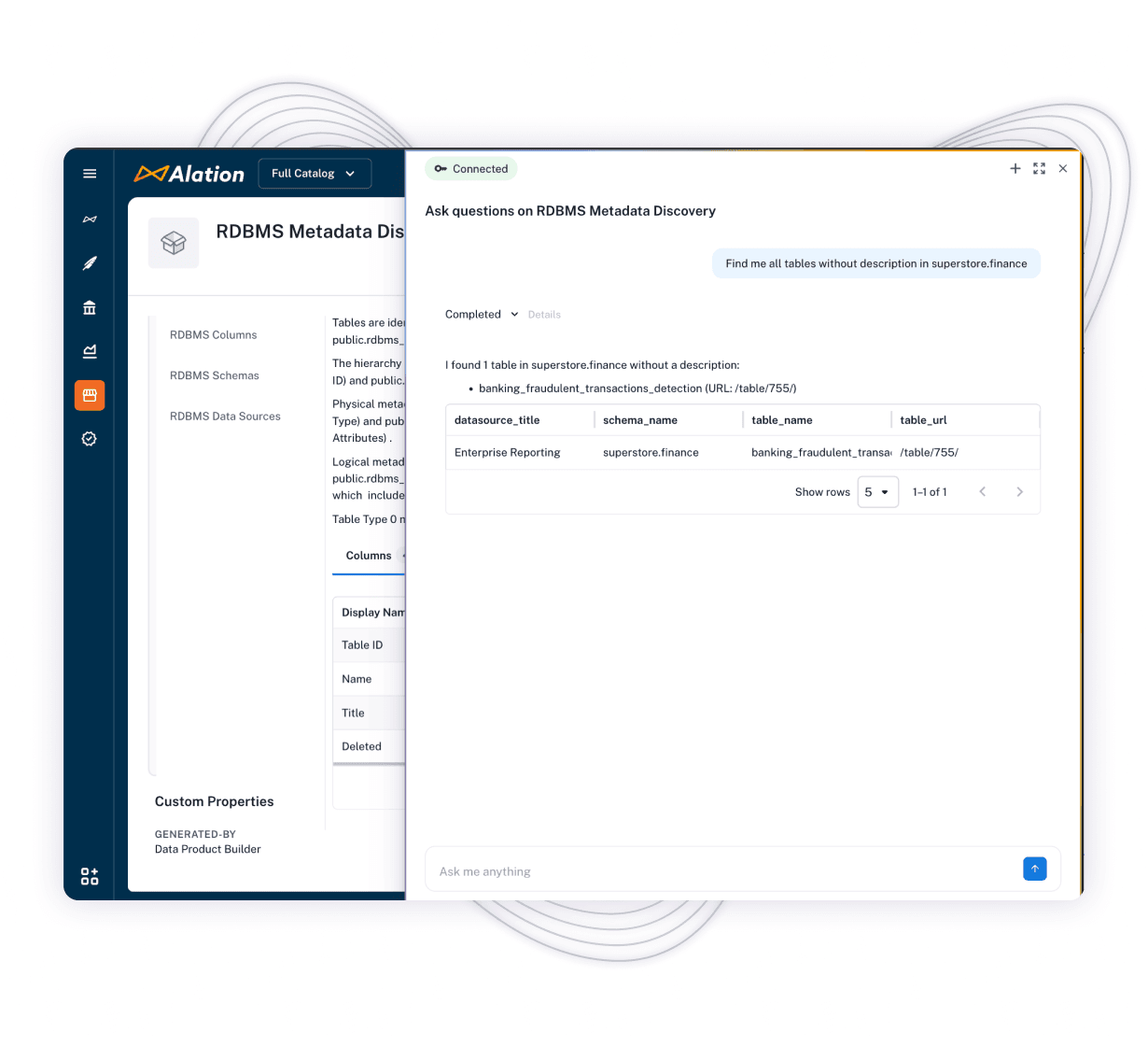 Alation RDBMS Metadata Discovery interface showing product features and a query result for tables with missing descriptions.